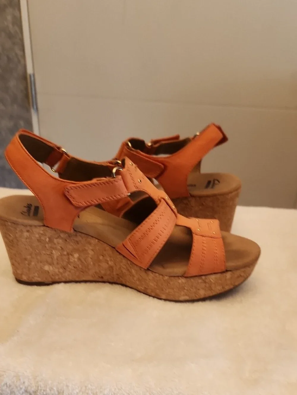 Clarks Women's Orange Cork Wedge Sandals, size 7.5